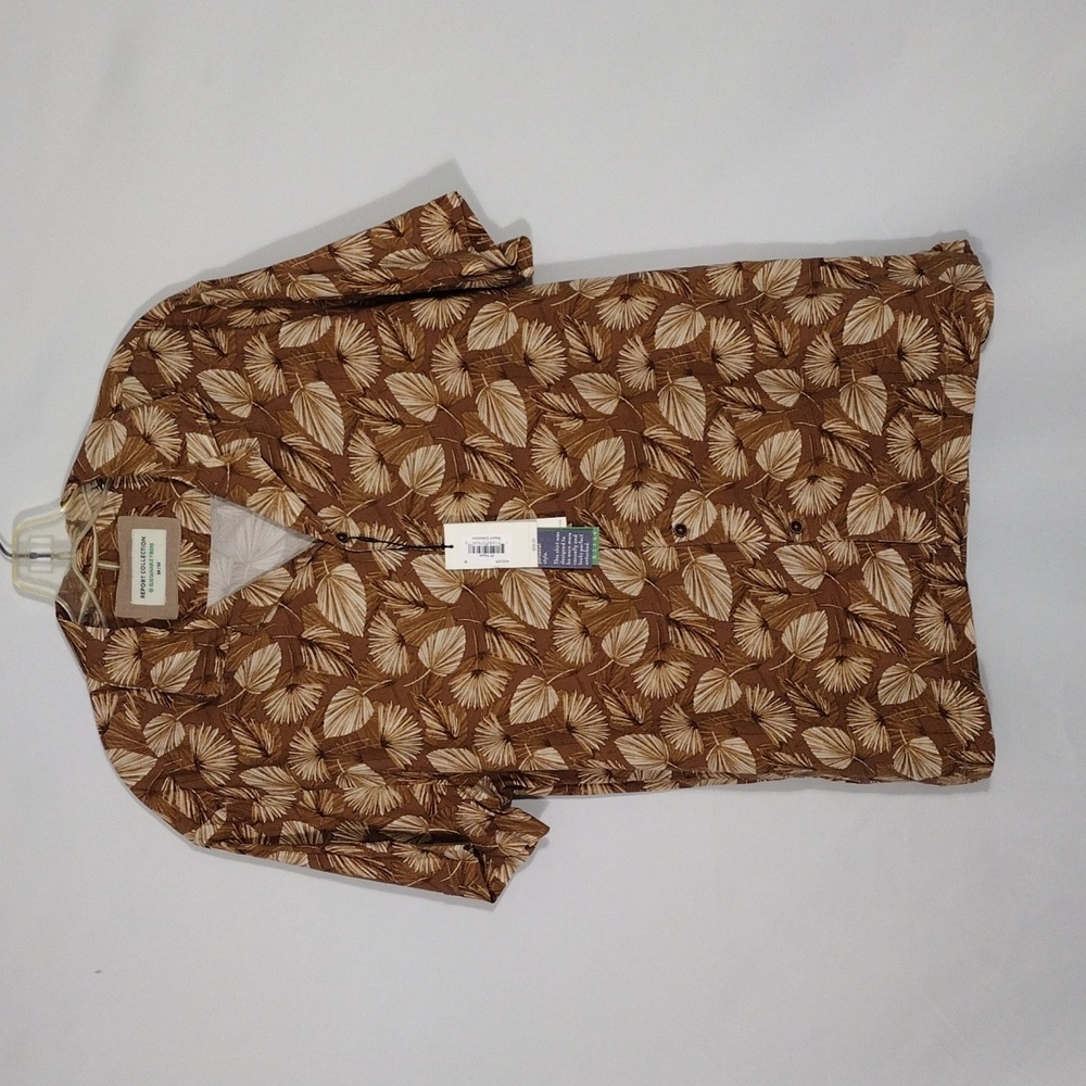 NWT Report Collection Taupe Short Sleeve Modal Rayon Print Camp Shirt Men Sz Med
